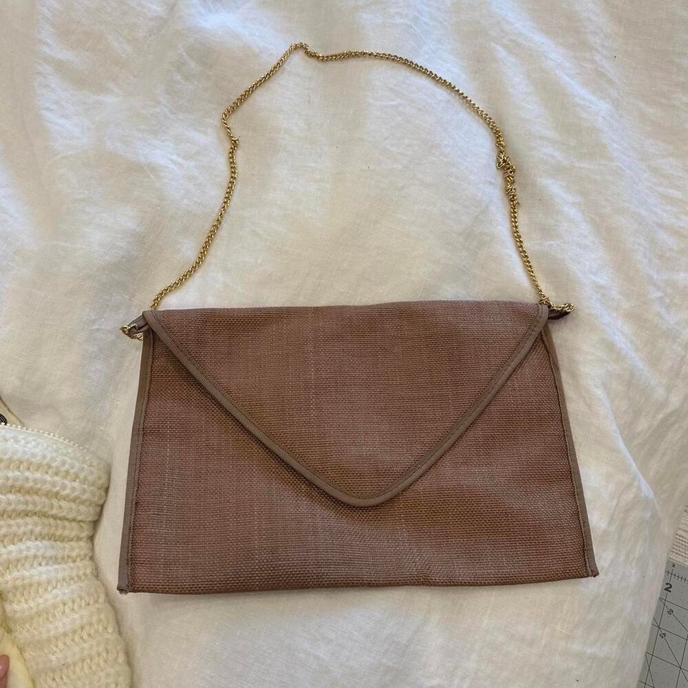 Saks Fifth Avenue City Bag Brown Linen Material Clutch Chain Strap Vintage Y2K